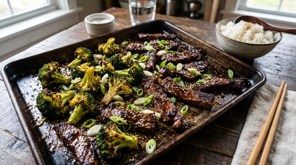 A bold, vibrant sheet pan beef and broccoli on a dark baking tray
