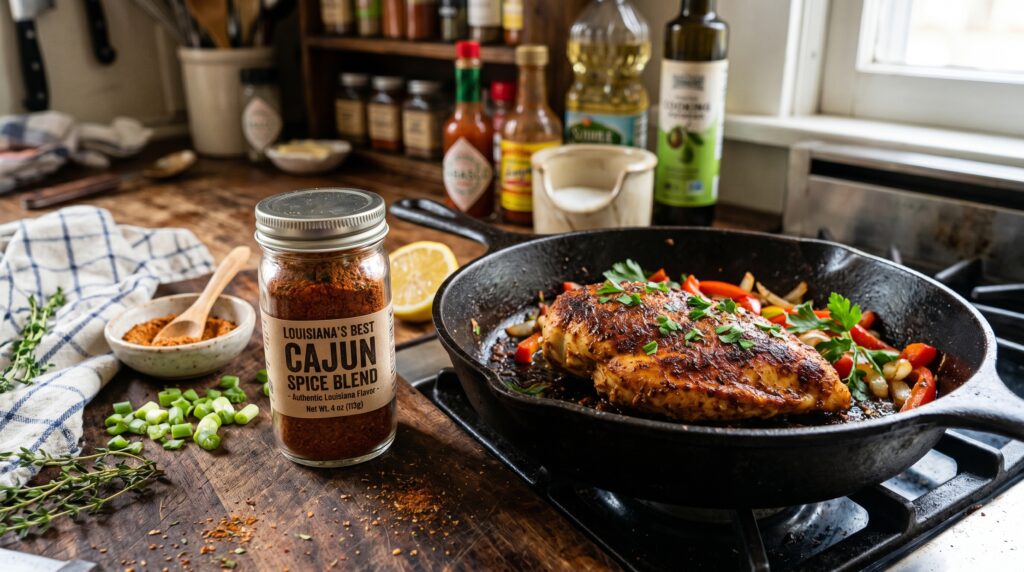 A vibrant, deep reddish Cajun seasoning in a small jar with a label