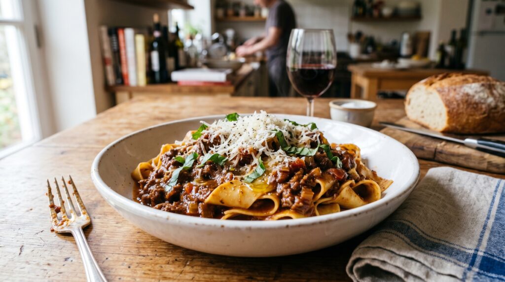 A magnificent classic beef Bolognese served over wide pappardelle in a white bowl