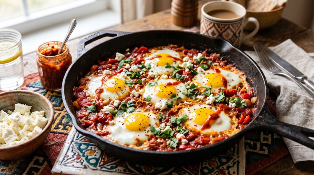 A vibrant keto shakshuka in a wide cast iron skillet