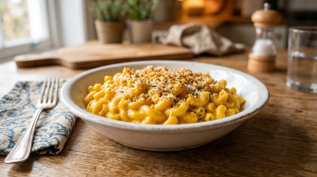 A creamy, golden homemade mac and cheese in a wide white ceramic bowl
