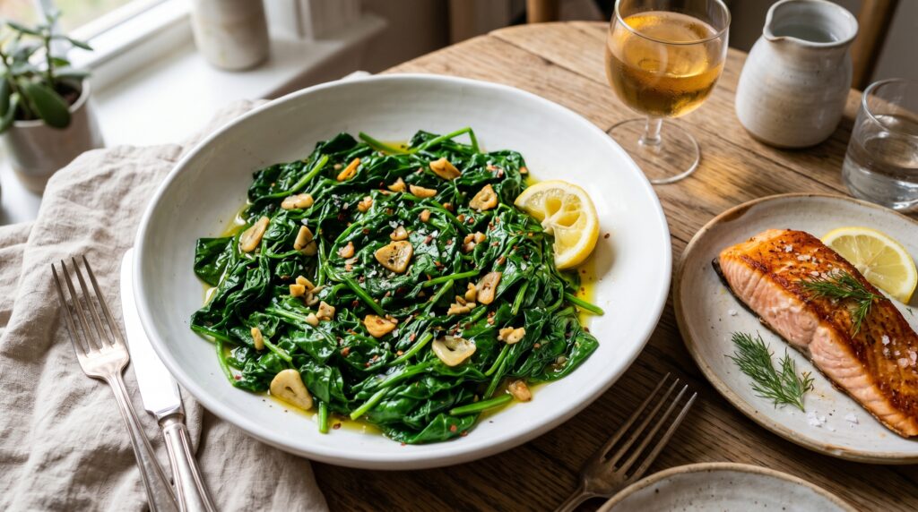 Vibrant sautéed spinach with golden garlic in a wide white serving bowl
