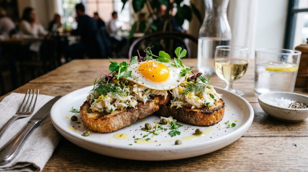 Stunning crab toast on a wide white plate