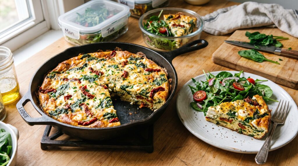 A golden, beautifully set frittata in a cast iron skillet