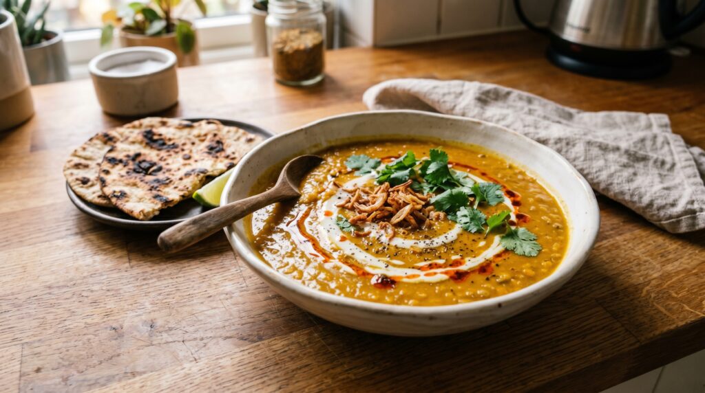 A gorgeous, vibrant red lentil and coconut soup in a wide white bowl