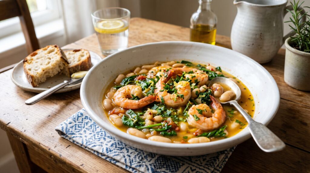 A hearty, flavorful shrimp and white bean stew in a wide white bowl