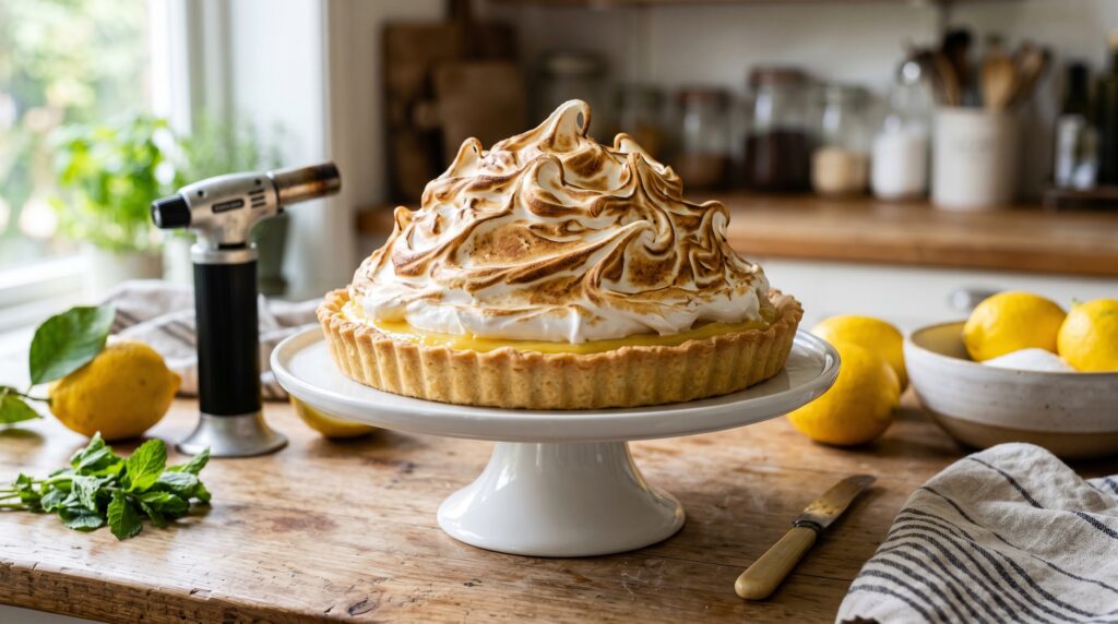 A stunning lemon meringue pie on an elegant white cake stand