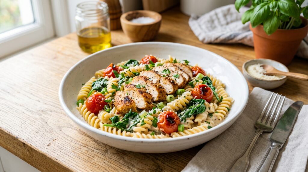 A fresh, lighter Cajun chicken pasta in a wide white bowl