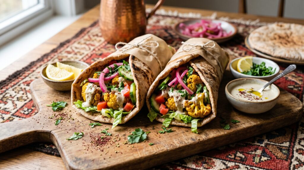 Colorful cauliflower shawarma wraps on a wooden board