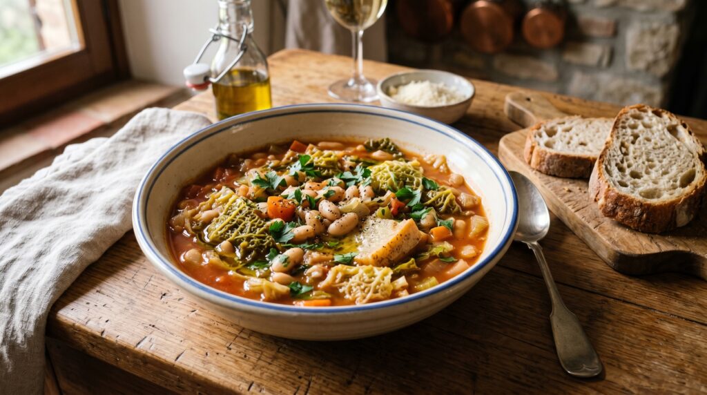 A hearty, rustic cabbage and white bean stew in a wide bowl