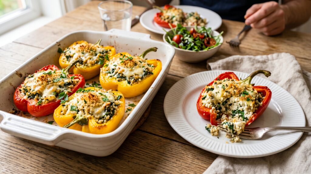 Vibrant, colorful cottage cheese stuffed bell peppers in a white baking dish