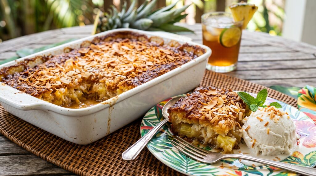 A golden, tropical pineapple coconut dump cake in a white baking dish