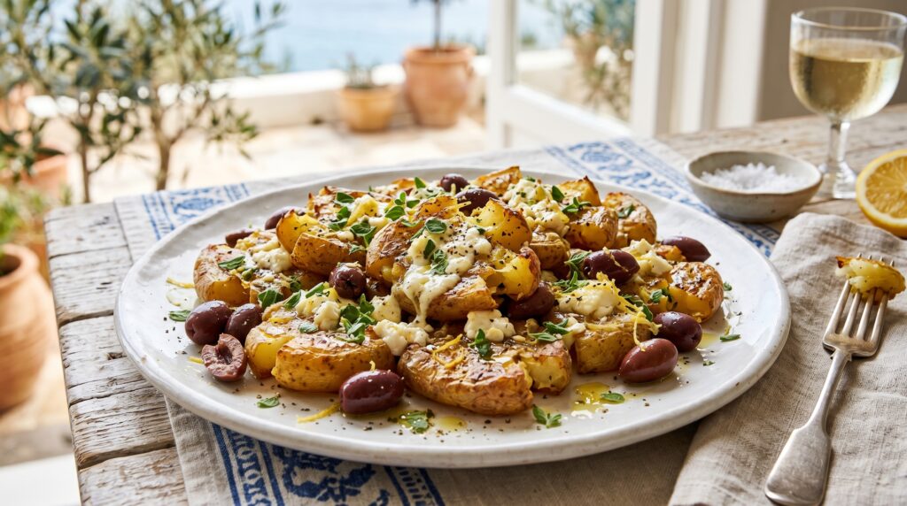 Beautiful Greek lemon feta smashed potatoes on a white serving plate