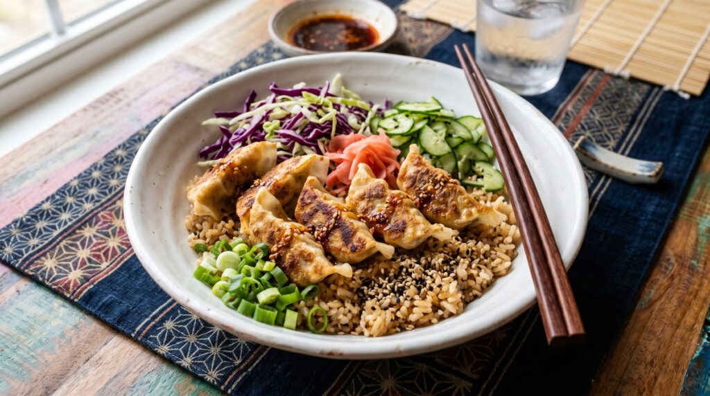 A creative, colorful chicken gyoza bowl in a wide white bowl