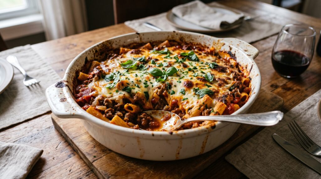 A hearty, bubbling dump-and-bake beef and pasta in a deep white ceramic baking dish