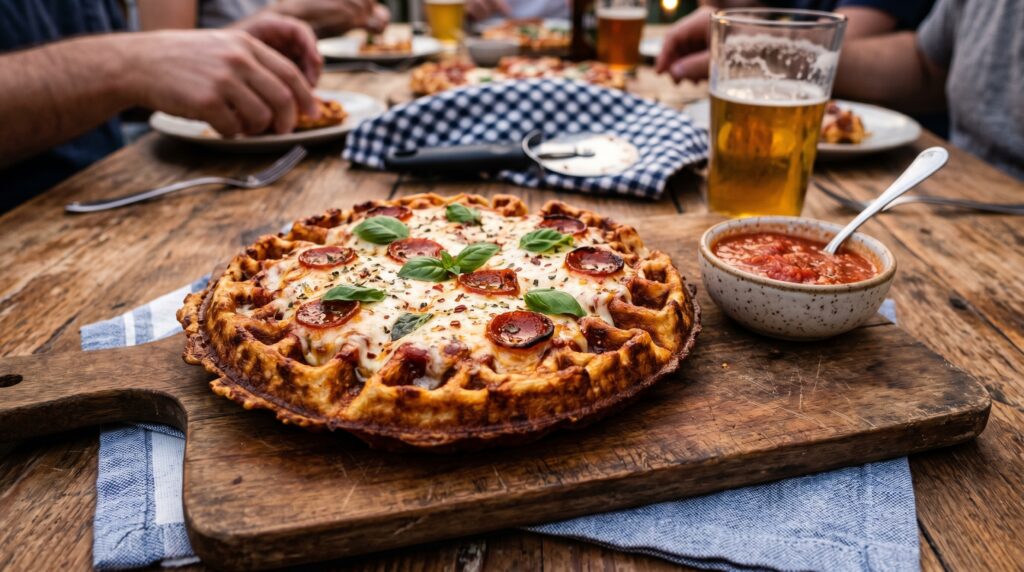 A golden, mini deep-dish waffle maker pizza on a wooden board