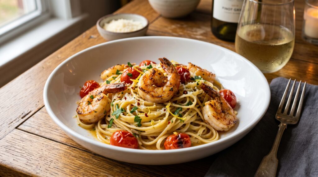 An elegant garlic butter shrimp linguine in a wide white bowl