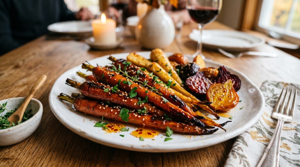Beautiful hot honey roasted carrots on a white serving plate