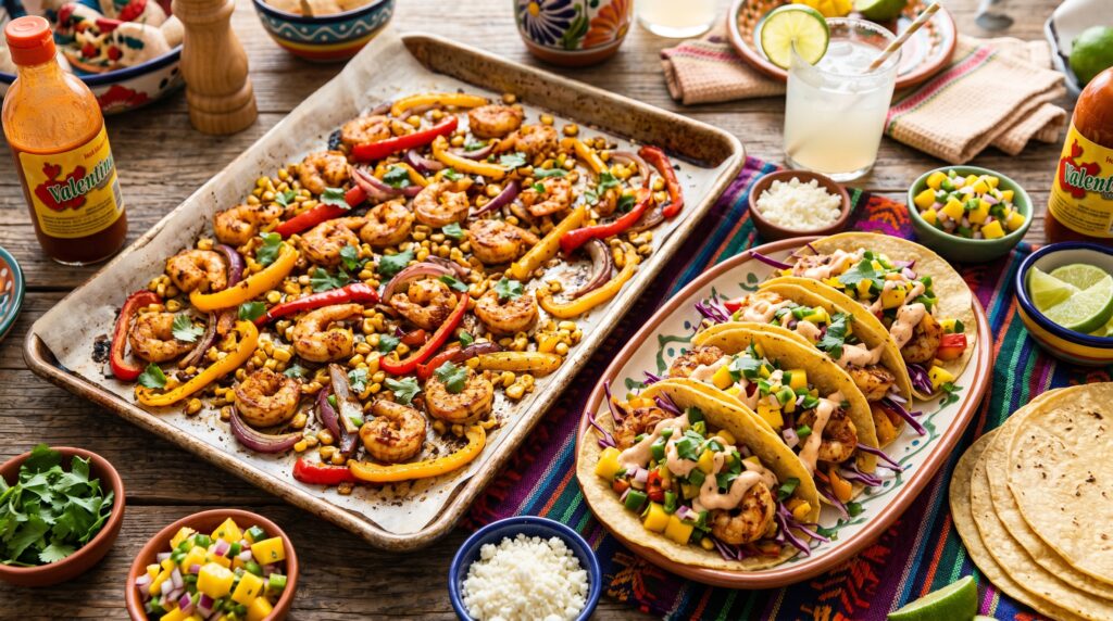 Colorful, vibrant sheet pan shrimp tacos spread on a wide surface