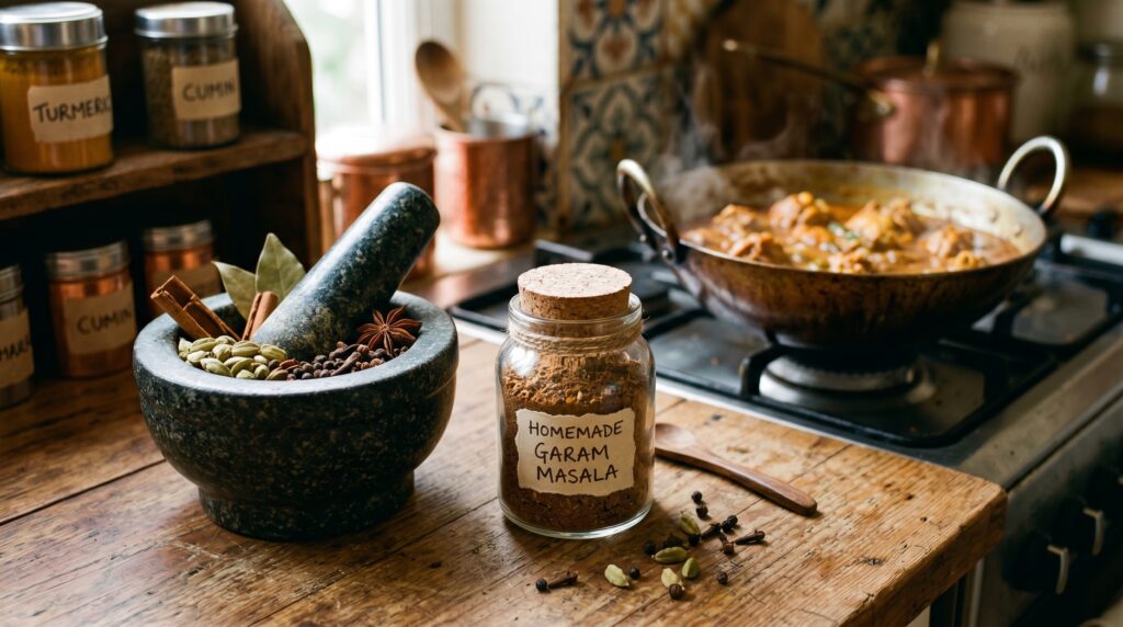 A beautiful small jar of homemade garam masala on a warm wooden surface