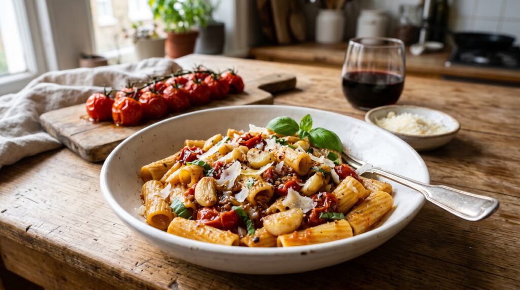 A beautiful slow-roasted tomato and garlic pasta in a wide white bowl