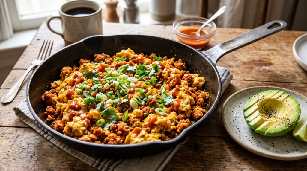 A bold, vibrant chorizo and egg scramble in a wide cast iron skillet