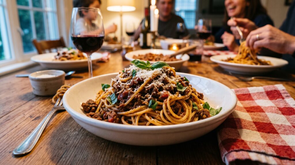 A rich, deeply colored spaghetti Bolognese in a wide white bowl