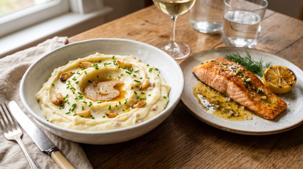 An extraordinary bowl of creamy garlic mashed potatoes in a wide white bowl