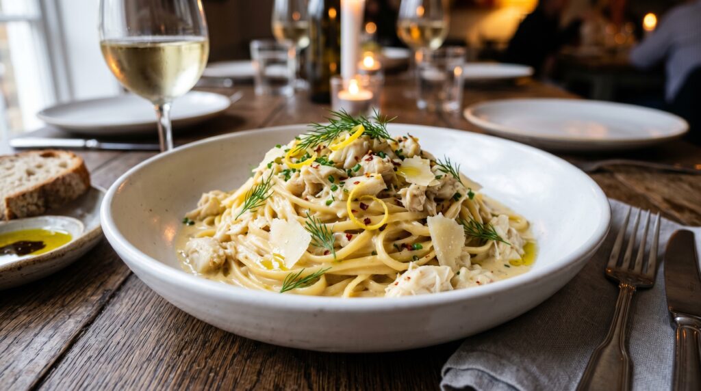 A luxurious creamy crab pasta in a wide white bowl