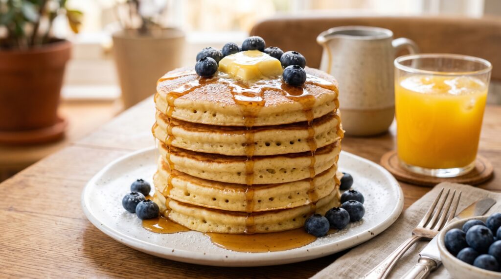 A beautiful stack of five golden, genuinely fluffy American pancakes on a white plate