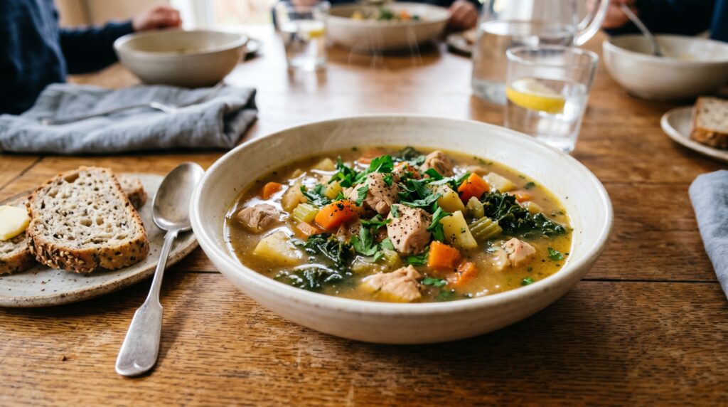 A deeply satisfying gluten-free chicken and vegetable stew in a wide white bowl