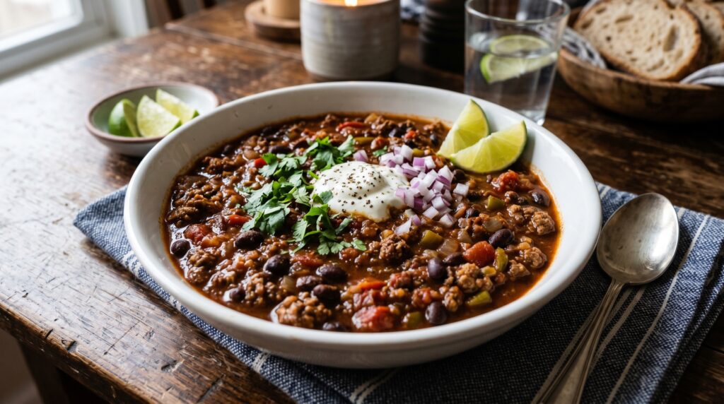A hearty, deeply colored lean beef and black bean chili in a wide white bowl