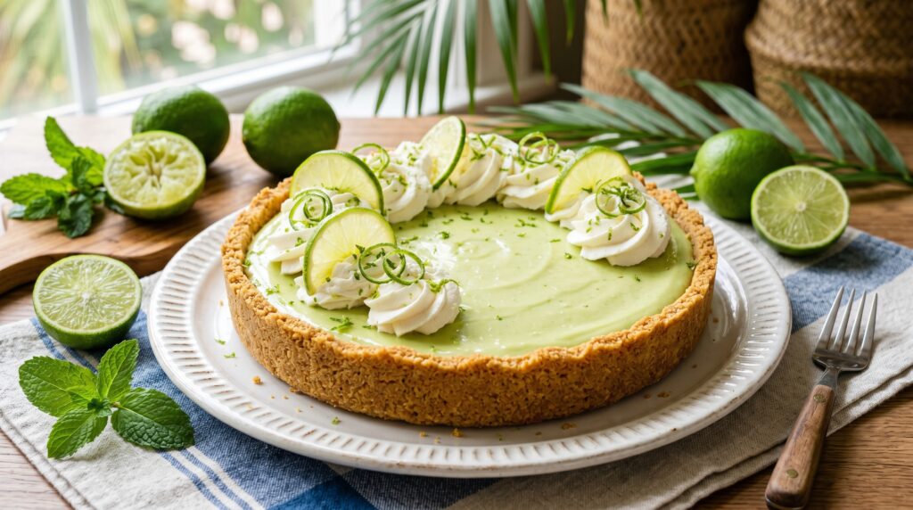 A beautiful key lime pie on a white ceramic plate