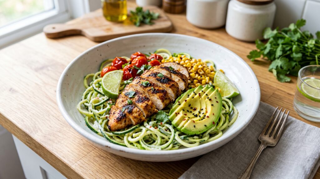 A vibrant, fresh Cajun chicken zucchini noodle bowl in a wide white bowl