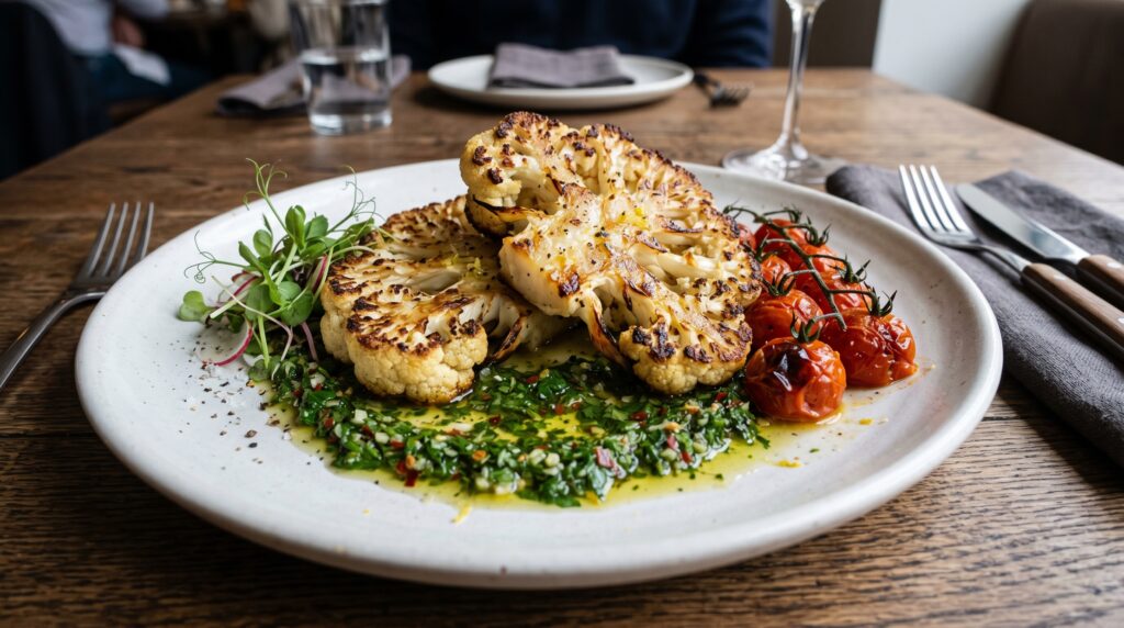 Spectacular cauliflower steaks on a wide white plate