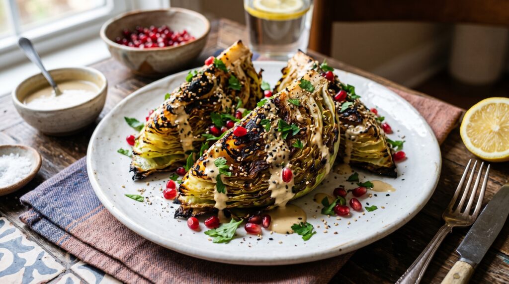 Spectacular roasted cabbage wedges on a white plate