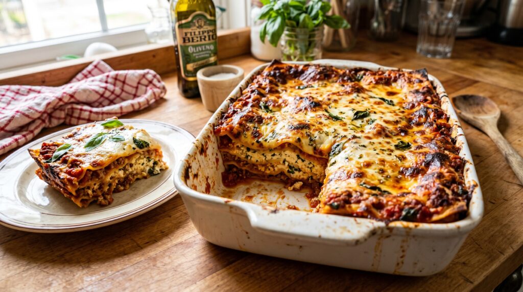 A spectacular cottage cheese lasagna in a deep white ceramic baking dish