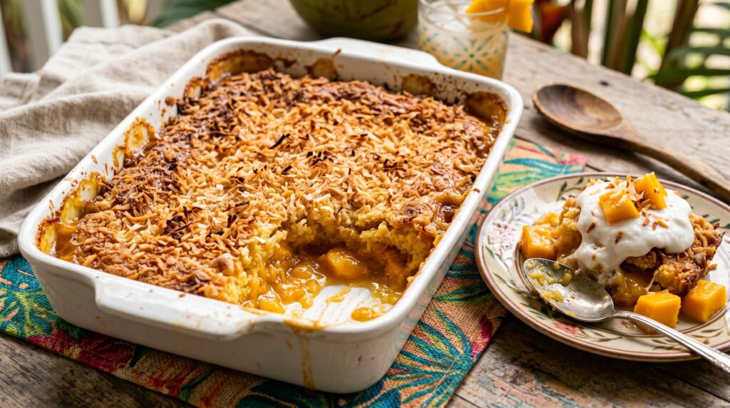 A vibrant, golden mango and coconut dump cake in a white baking dish
