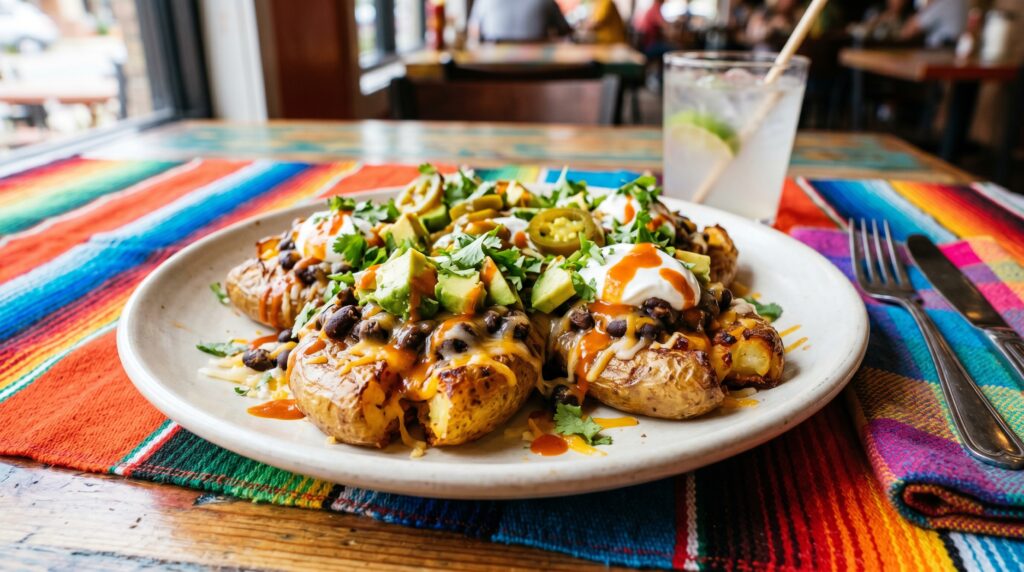 Colorful, vibrant Tex-Mex smashed potatoes on a wide white plate