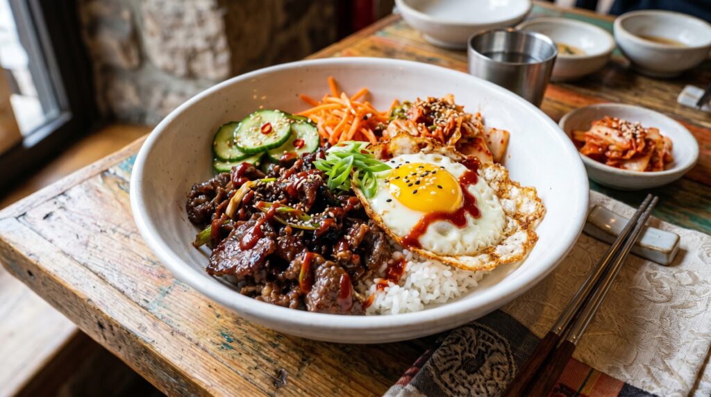 A bold, vibrant Korean beef bulgogi bowl in a wide white bowl