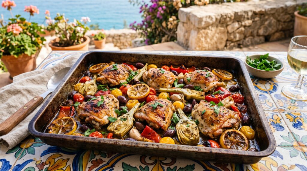 A vibrant Mediterranean dump bake on a large baking tray