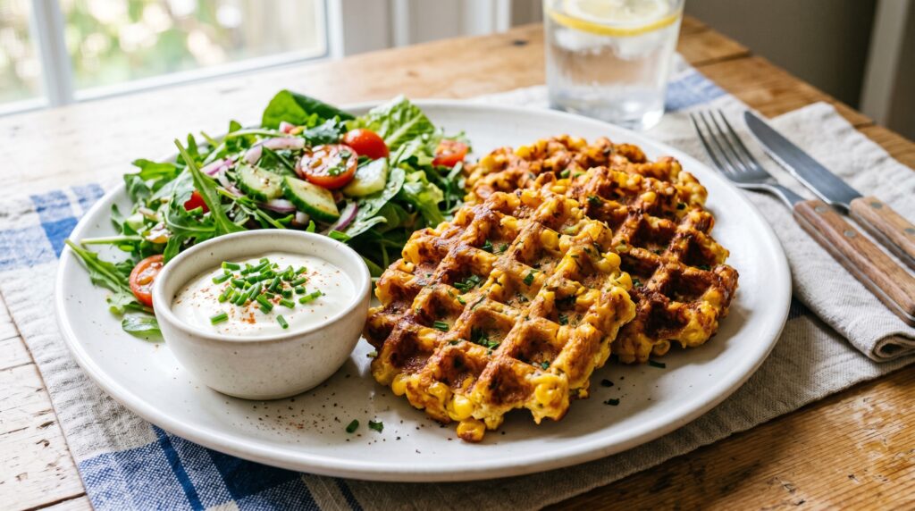 Golden, crispy waffle maker corn fritters on a white plate