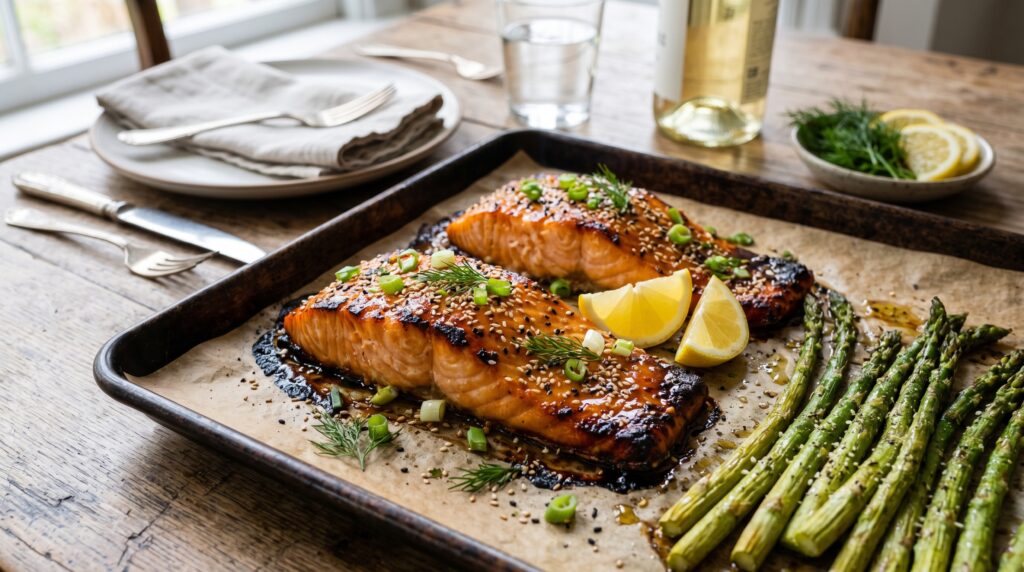 Gorgeous hot honey glazed salmon on a dark baking tray