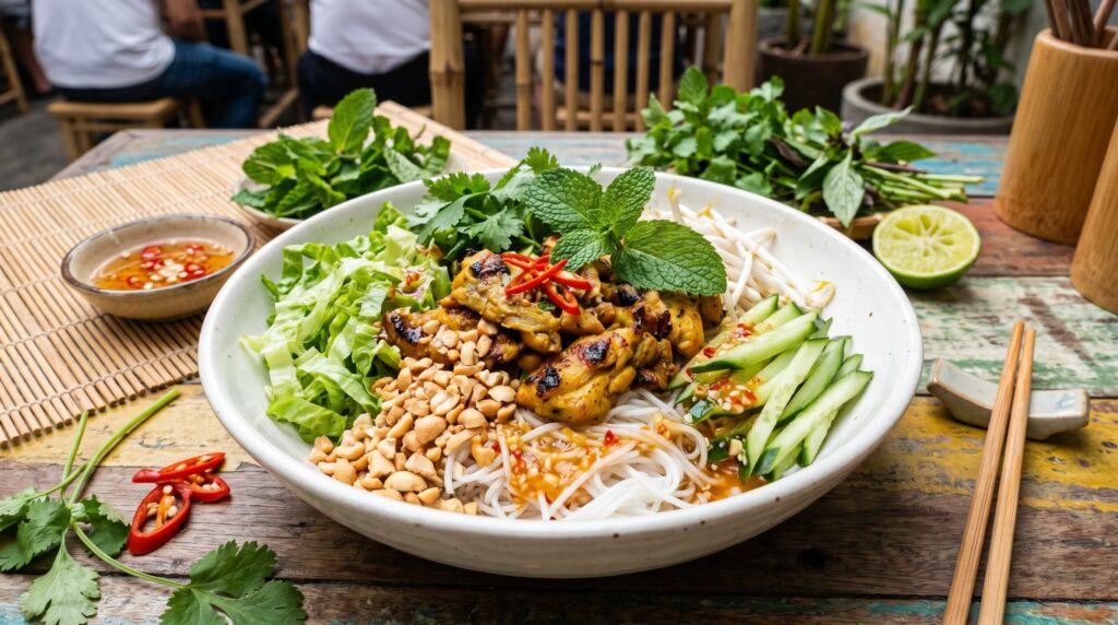 A vibrant, fresh Vietnamese lemongrass noodle bowl in a wide white bowl