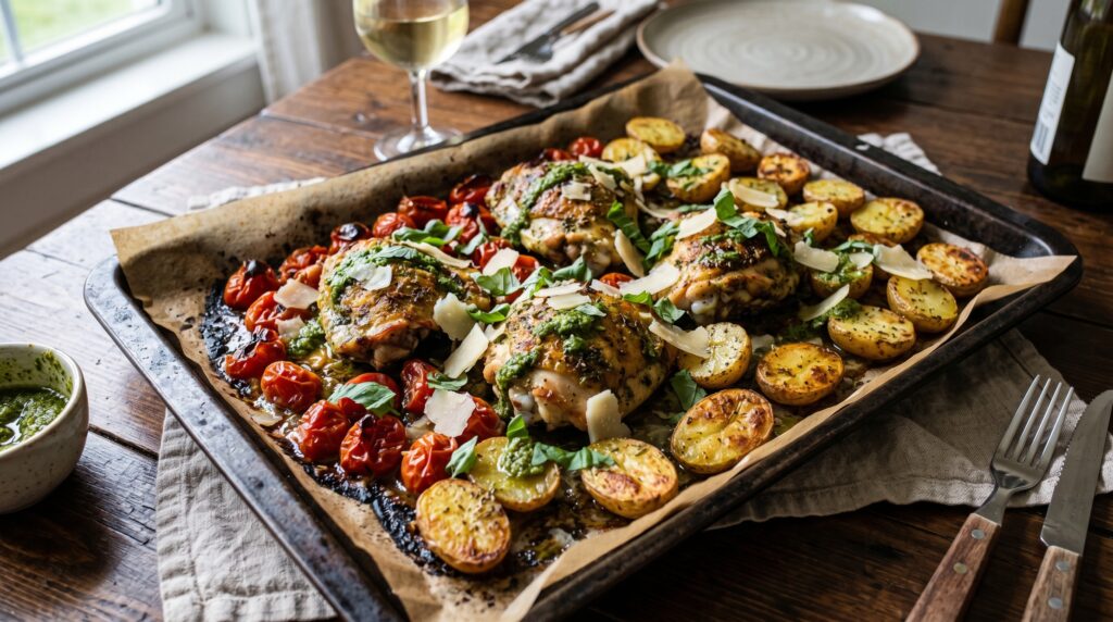 A fragrant, beautiful sheet pan pesto chicken on a dark lined baking tray