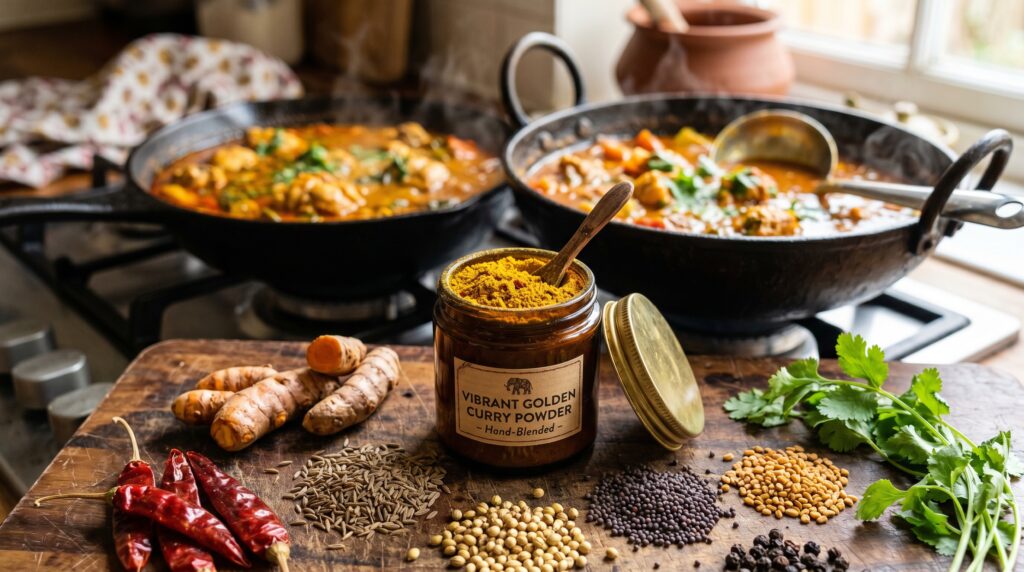 A vibrant, golden-yellow curry powder in a small amber jar