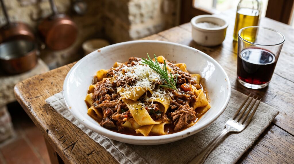 A rich, deeply colored lamb ragù served over wide pappardelle in a white bowl