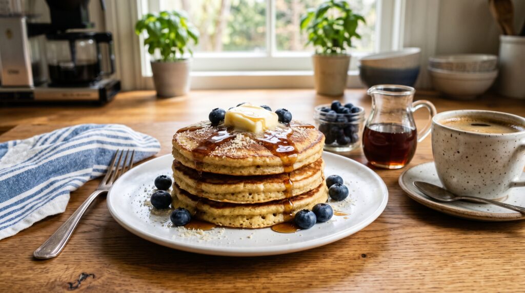 A beautiful stack of golden almond flour keto pancakes on a white plate