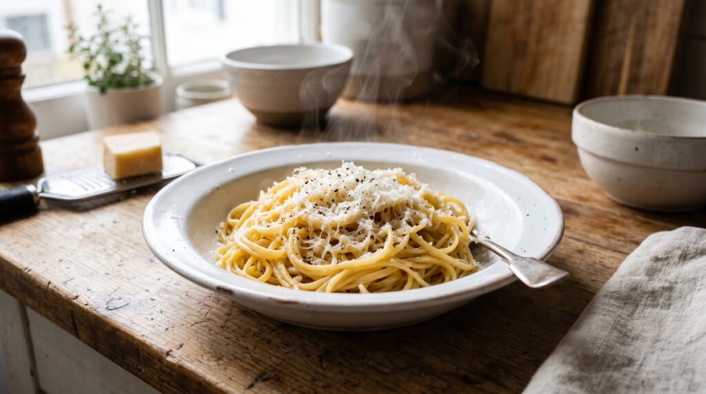 A simple, beautiful buttered pasta with Parmesan in a wide white bowl