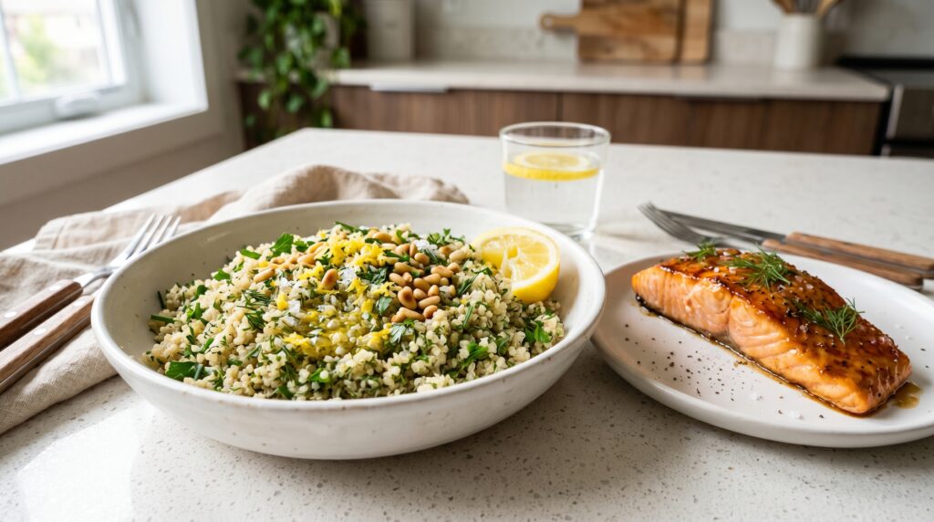 A vibrant lemon herb quinoa in a wide white bowl